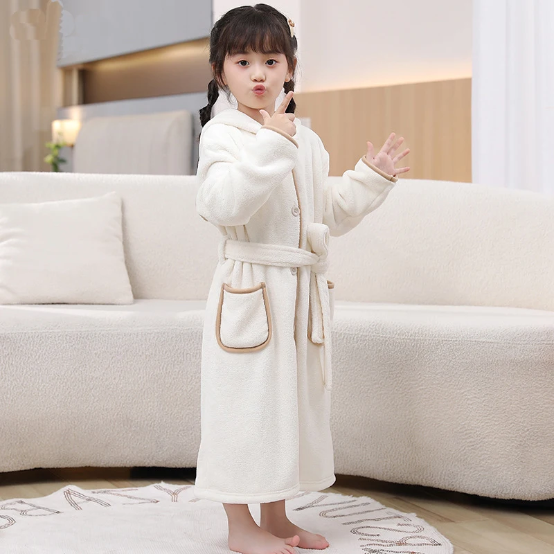 Winter Kids Boys Cartoon Cute Bathrobe Strong Water Absorption Sleepwear Increase and Thicken Hooded Homewear Coral Fleece Robes