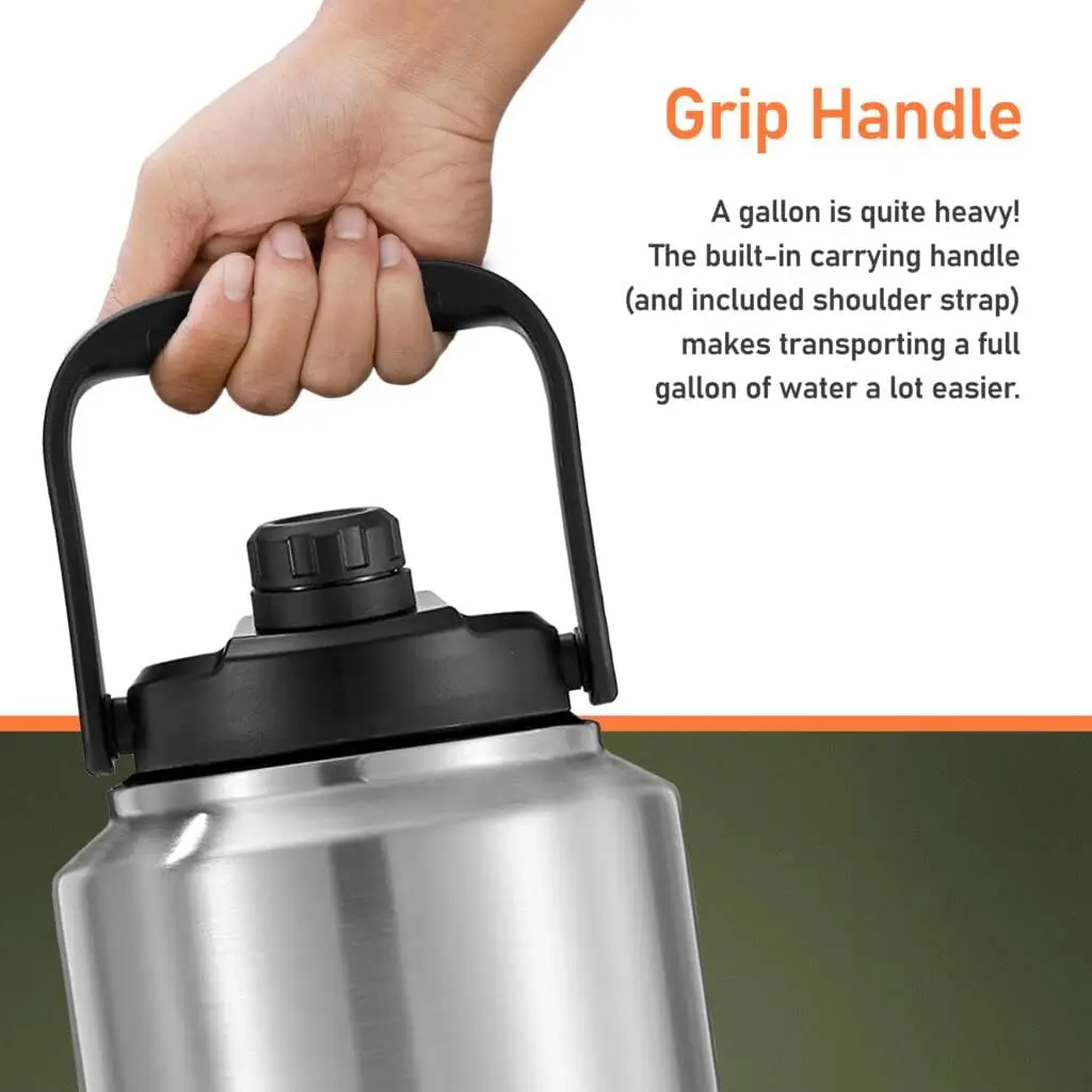 Insulated 1 Gallon Water Bottle with Sleeve-Stainless Steel Wide Mouth Growler with Tactical Carrying Bag