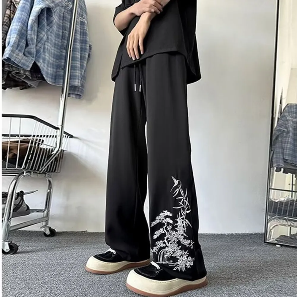 중국 스타일 남성 캐주얼 바지 넓은 다리 느슨한 맞는 바지 탄성 허리 플러스 사이즈 힙합 댄스 착용 레드 streetwear 패션