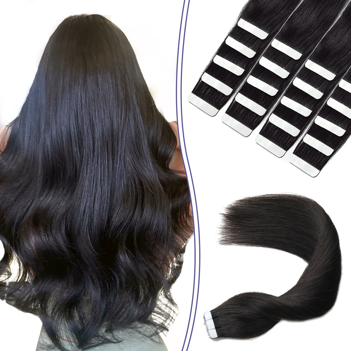 

Tape in Human Hair Extensions Natural Black#1B Color Real Human Hair Extensions Tape in Hair Soft Skin Weft Straight