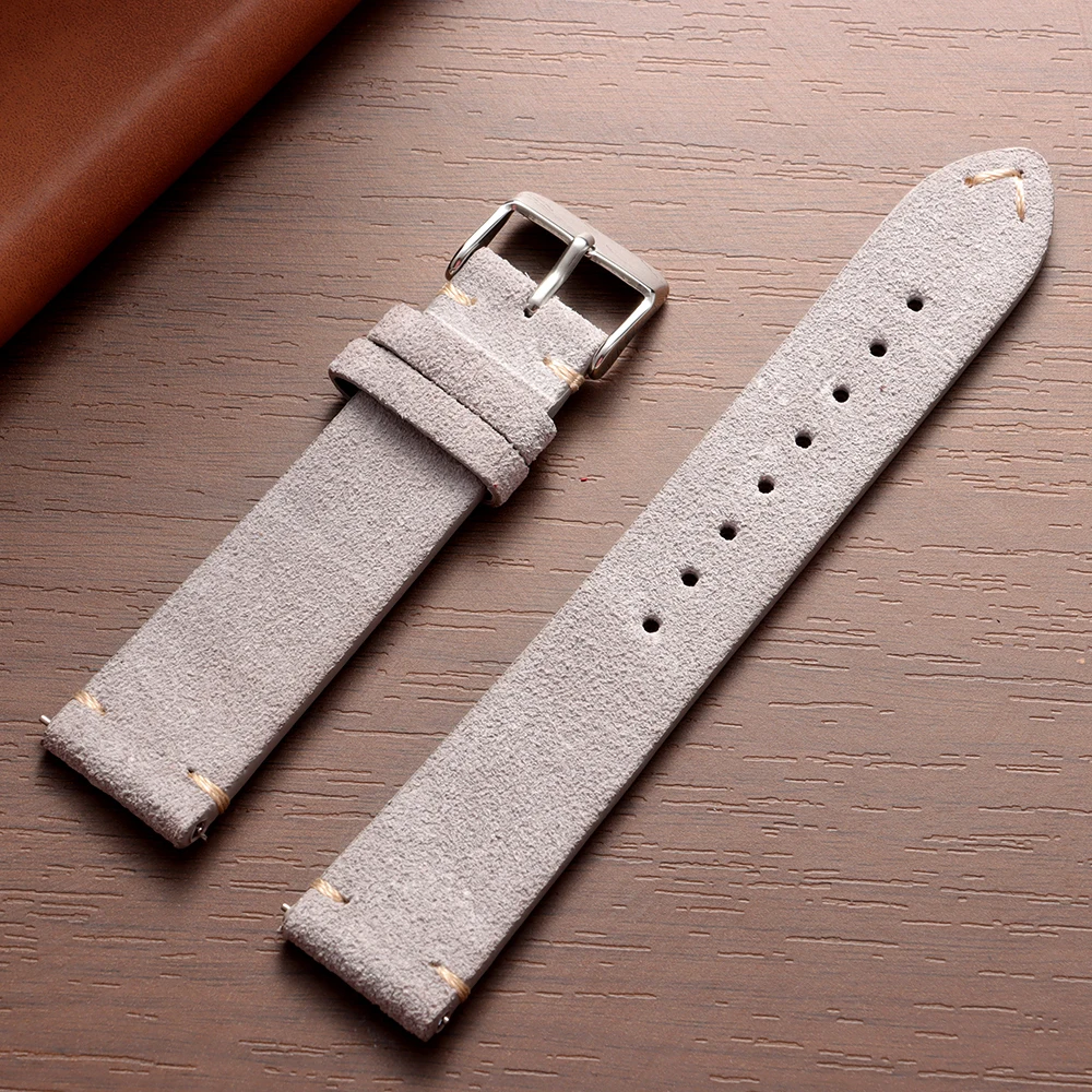 Vintage Suede Leather Quick Release Watch Strap with Pin Buckle - Calfskin Replacement Wristband