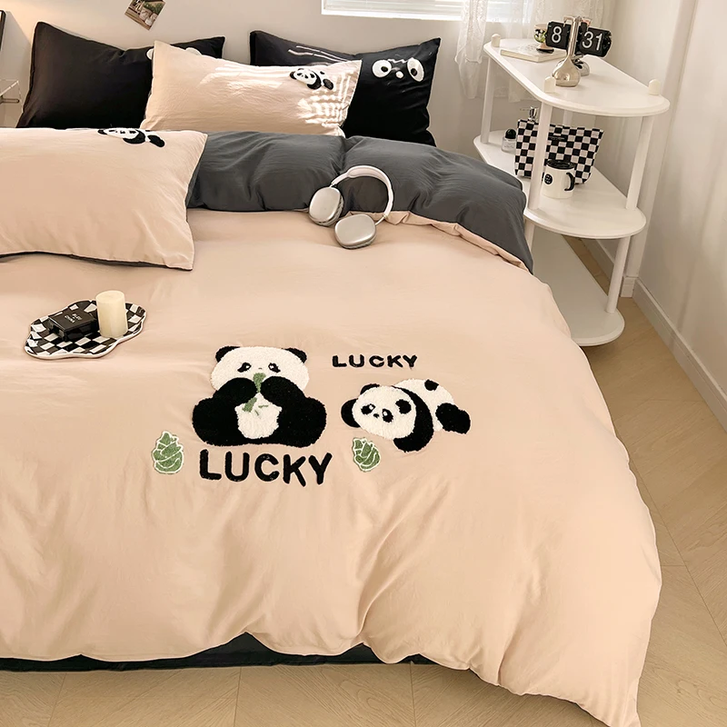 Cute Panda 100% Cotton Bedding Set Kawaii Embroidered Duvet Cover Bed Sheets Set Flat/Fitted Sheet Bed Linen Pillowcase for Kids 6