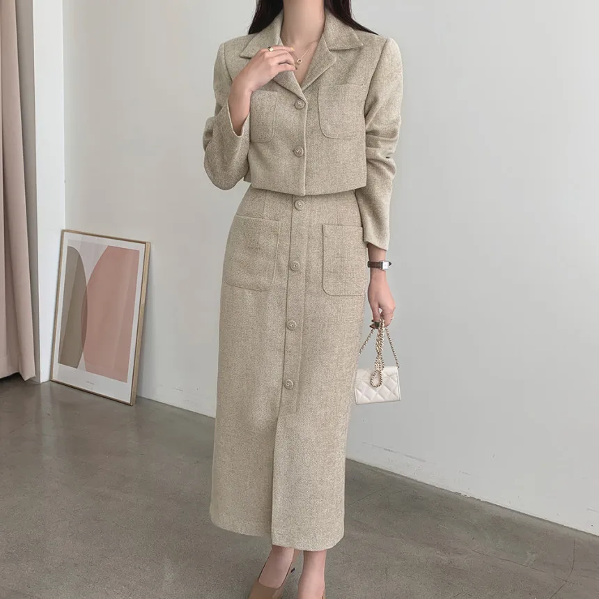 Season Tweed Jacket + H-line Midi Skirt Suit Set (3色) Season Tweed Jacket + H-line Midi Skirt Suit Set (3色) (JOY
