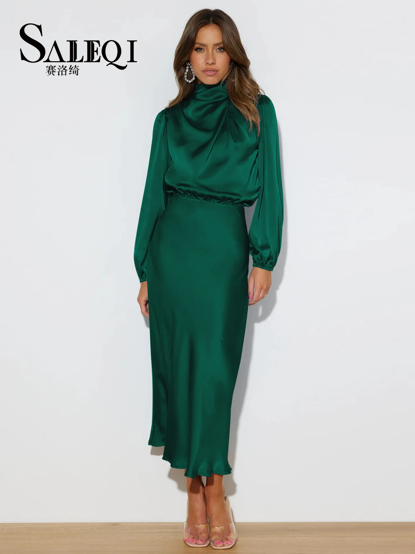 

Elegant Long Satin Maxi Dress Women Autumn and Winter Solid Color Fashion Long Sleeve Sweet Korean Style Midi Dress 2023