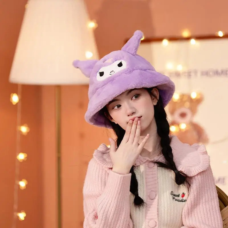 

Anime Sanrio Women's Plush Fisherman Hat Kawaii Kuromi Cinnamoroll My Melody Winter Thickened Warm Girl Cartoon Cute Basin Hat