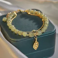 Chinese Style Green Jade Bracelet For Women Exquisite Gold Color Leaves Wrist Strap Bangle Double Chain Bracelet Girls Gifts 1