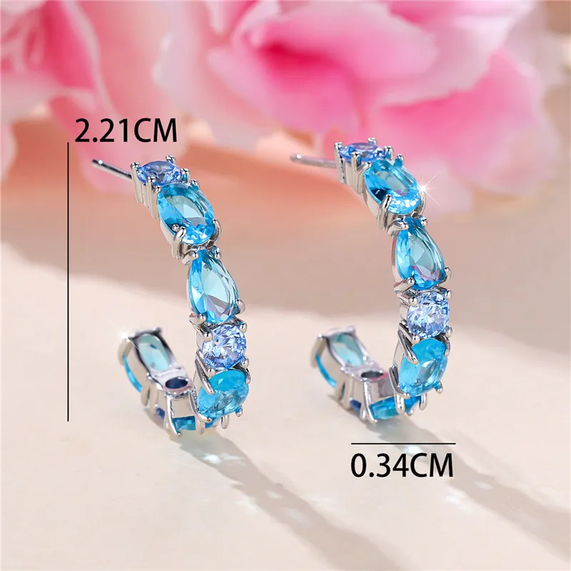 Luxury Female Blue Stone Stud Earrings Silver Color Zircon Wedding Jewelry For Women