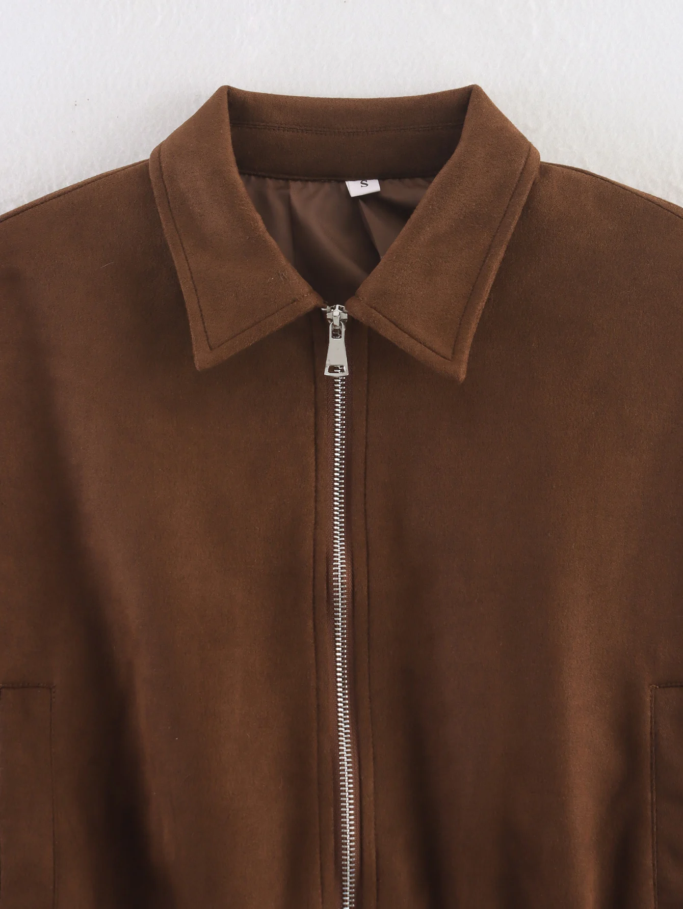 Women Short Suede Bomber Jacket Lapel Long Sleeve Zipper Pocket Cropped Coat Autumn Winter Lady Fashion Casual Jackets Streetwea