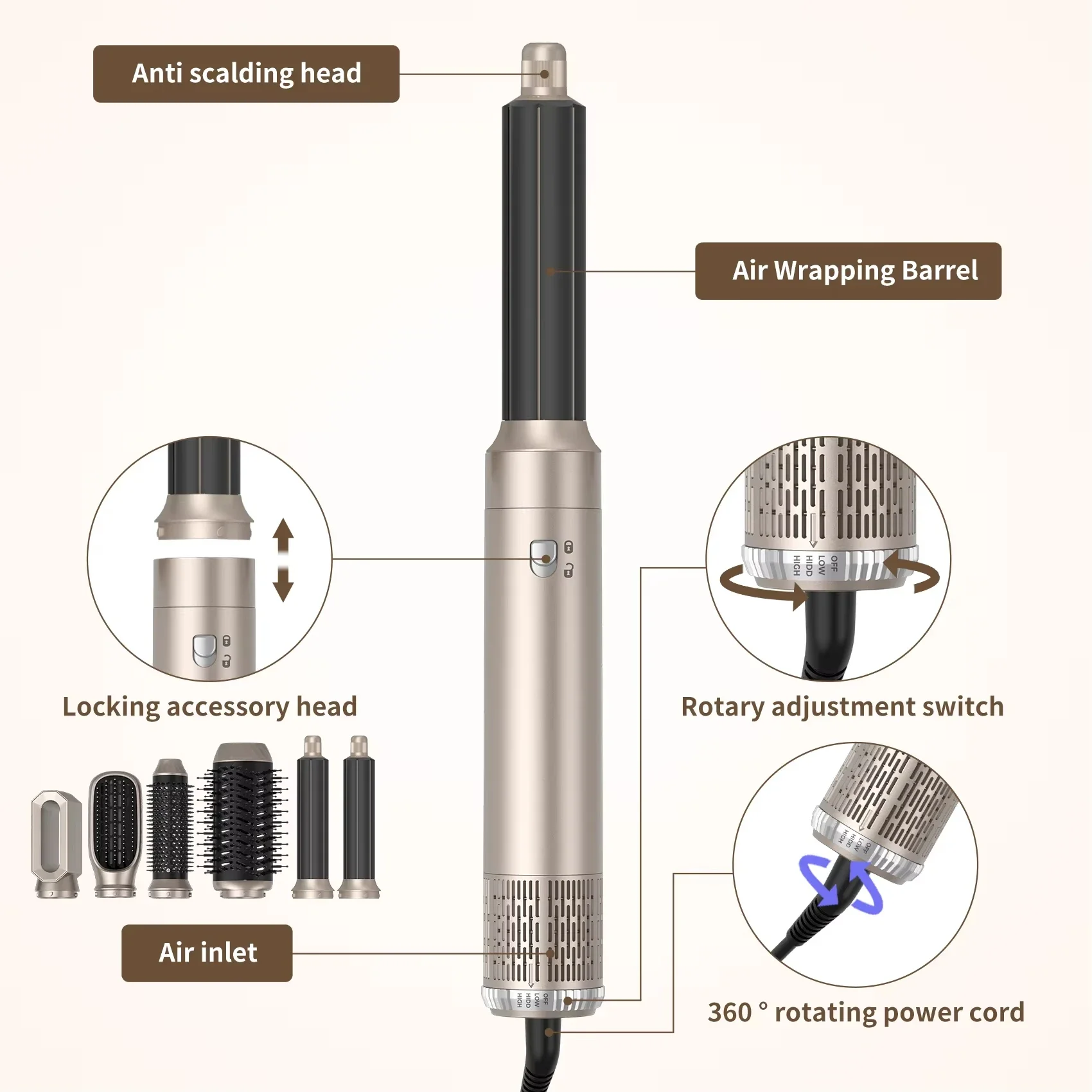 6 in 1 High-speed hot air brush Multi-function hair styler Quick drying hair with automatic curling iron Negative ion hair dryer 6