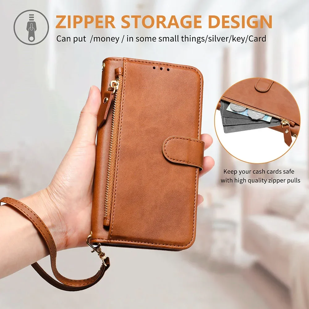 Zipper Multi Card Slots Wallet Flip Phone Case with Lanyard