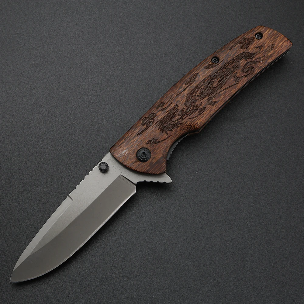 Wooden handle dragon carving folding knife pocket knife outdoor hunting