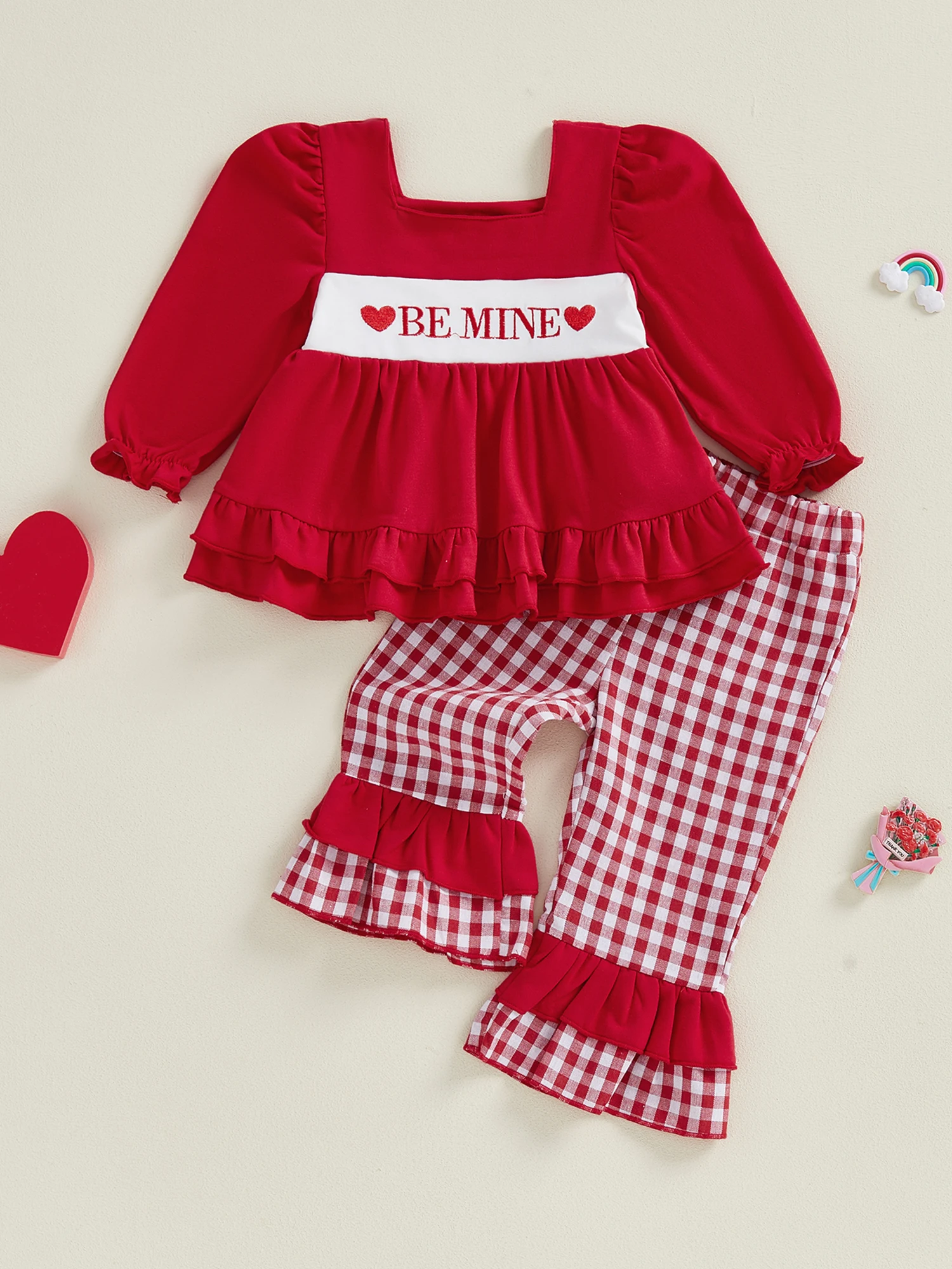 Toddler Girl Valentine’s Day Clothing Set with Long Sleeve Letter Tops and Plaid Flare Pants - Adorable Baby Outfit for the