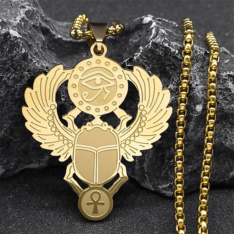 Egyptian Scarab Eye of Ra Horus Symbol Necklaces Stainless Steel Gold Color Ankh Key Of Life Necklace Jewelry collares N2336S01