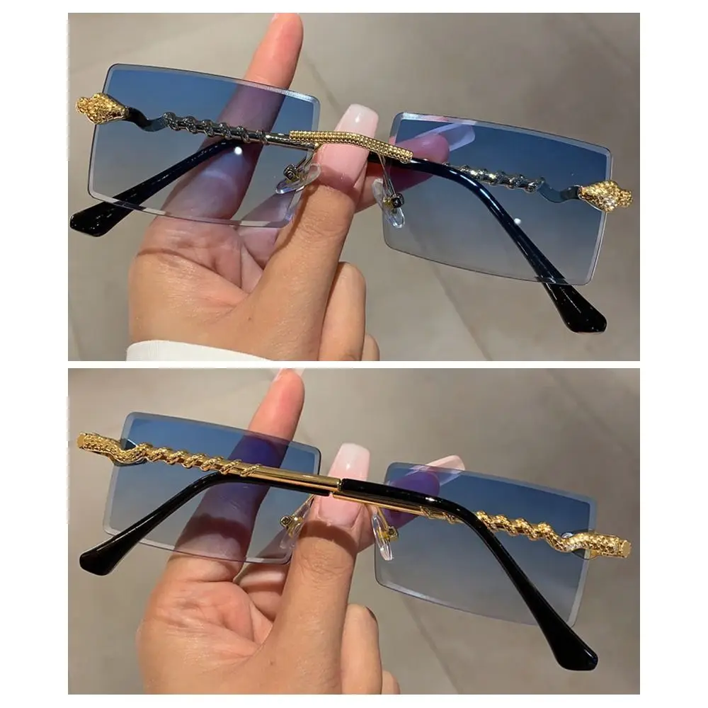 Trendige randlose, schlangenförmige Metall-Sonnenbrille mit quadratischem Rahmen, rahmenlose Street Shades-Sonnenbrille mit Farbverlaufslinse für Damen und Herren – Detail 8