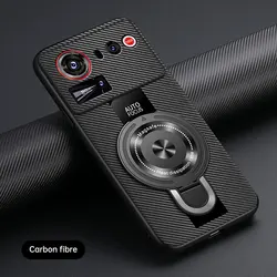 Premium Nubia Z80 Ultra Case with Magnetic Ring Holder - Luxury Silicone Sheepskin Leather & Plexiglass Shockproof Cover for ZTE nubia Z80 Ultra (Carbon Fiber Pattern)