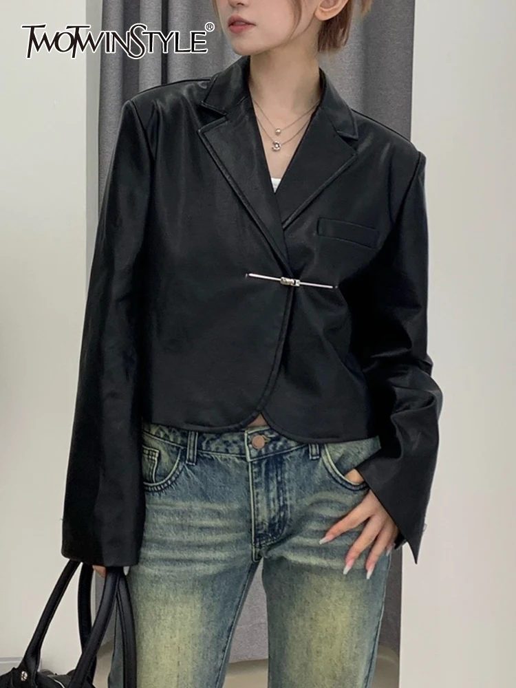 

TWOTWINSTYLE Patchwork Straight Buckle Solid Leather Blazers For Women Notched Collar Long Sleeve Casual Blazer Female Fashion