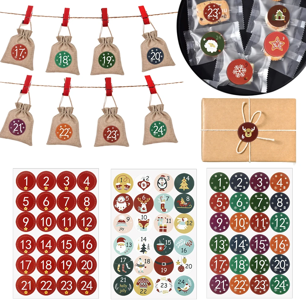 24Pcs Merry Christmas Advent Calendar Number Sticker DIY Cookie Candy Gift Seal Label Paper Sticker Christmas Decor 2025New Year