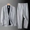 Spring Autumn Fashion Men Linen Two-piece Set Blazer Jacket + Pants Solid Slim Fit Casual Business Thin Clothing Breathable Suit 3