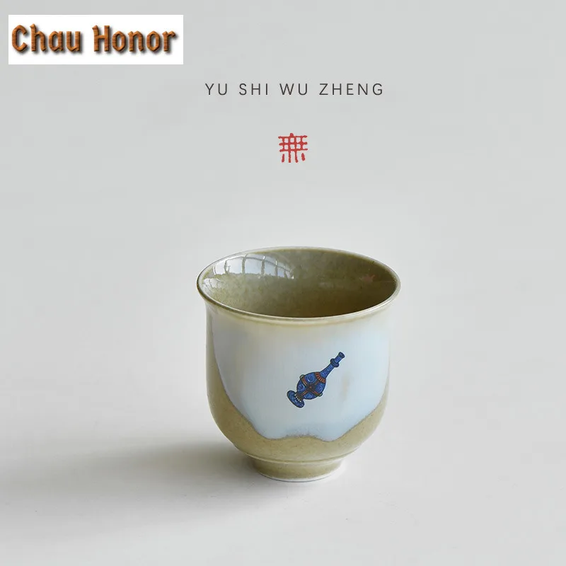 2pc/lot Coarse Pottery Soda Fired Green Gray Glaze Teacup Tea Bowl Cup Set Tea-tasting Meditation Cup Jianzhan Master Cups 90ml