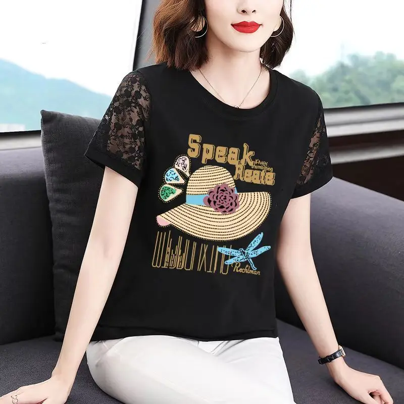 

Summer Black Lace T-shirt Women Clothing Casual Short Sleeve Tshirts Tees Fashion Round Collar Bottoming Blouse Top M-6XL