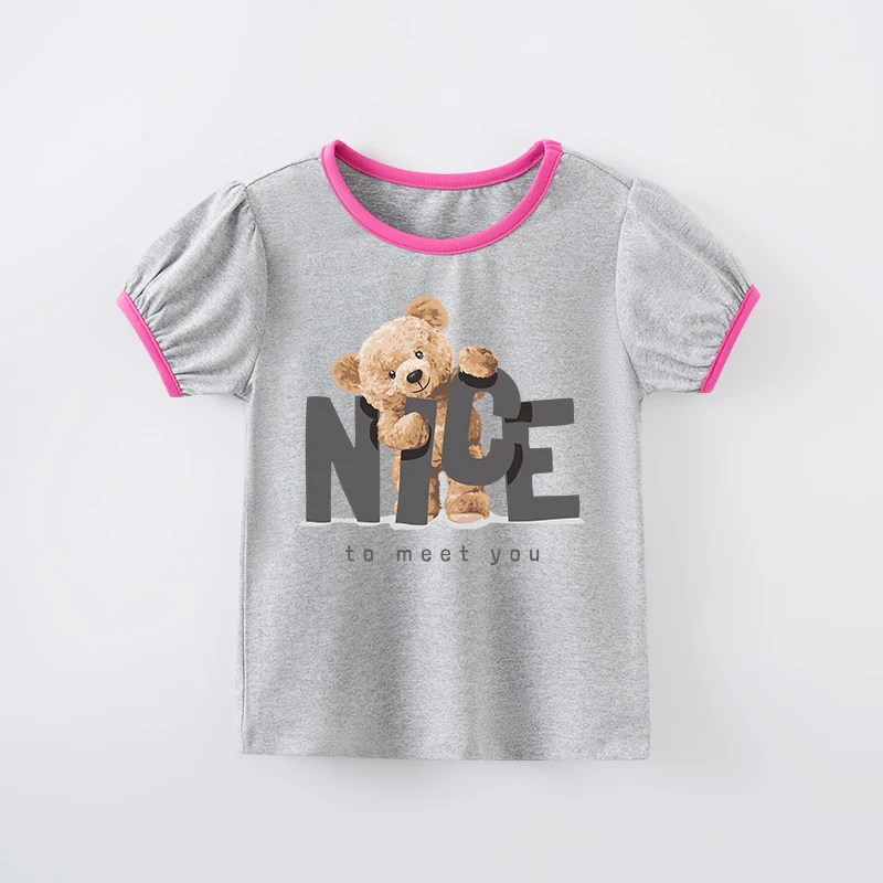 Children's Clothing Boys And Girls Cute Cartoon Teddy Bear Comfortable Round Neck Summer Short Sleeved Baby Gray T-Shirt