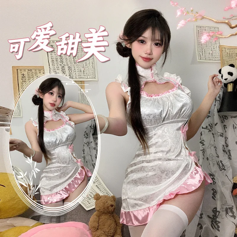

Sexy Hollow Stand-up Collar Ancient Style Cheongsam Pure Desire Flirty Traditional Han Chinese Dress Nightgowns