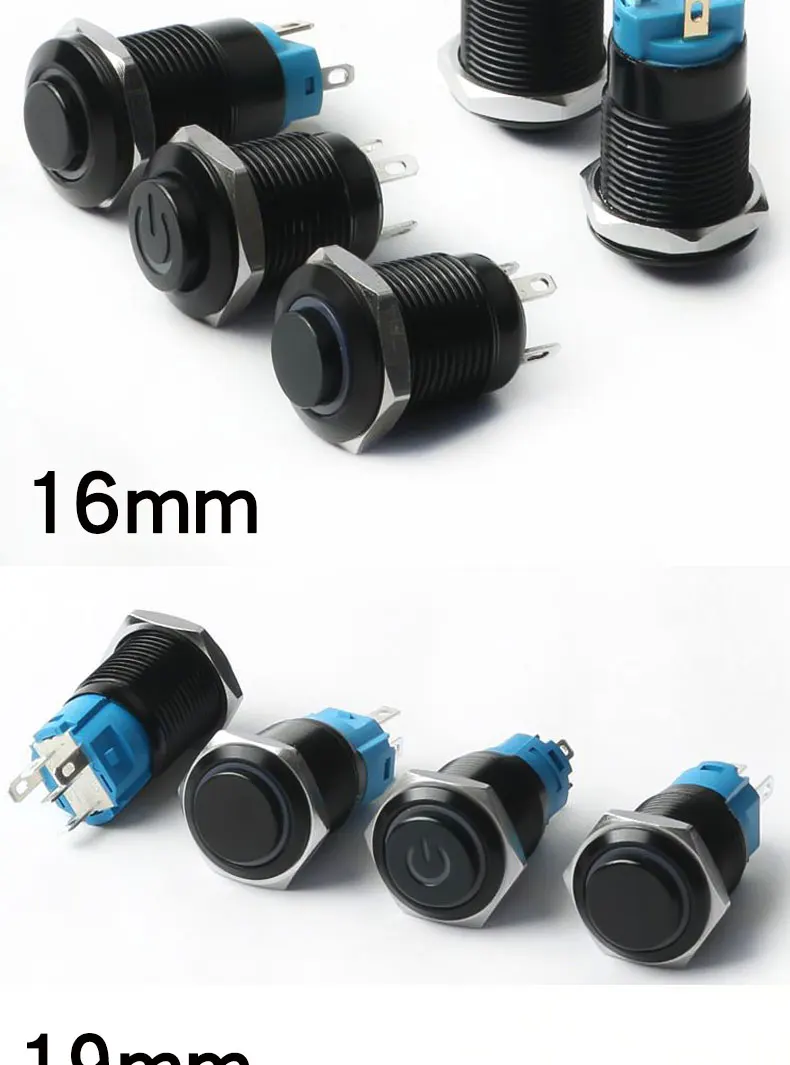 12/16/19/22mm High Head Metal Black With LED Light Waterproof Button Momentary Latching Switches With Power Mark 12V 24V 220V