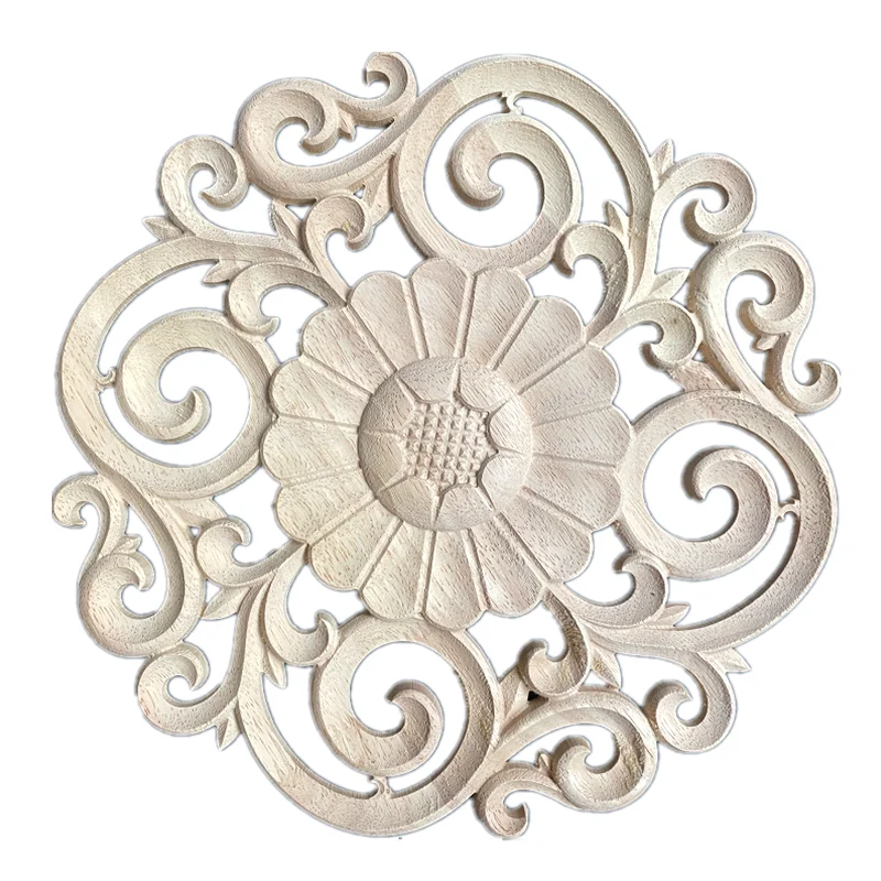 

10cm 30cm Carved Flower Carving Round Wood Appliques for Furniture Cabinet Unpainted Wooden Mouldings Decal Decorative Figurine