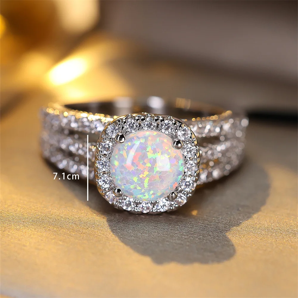 White Fire Opal Round Stone Engagement Rings For Women Vintage Silver Color Luxury Crystal Wedding Bands Birthstone Jewelry Gift