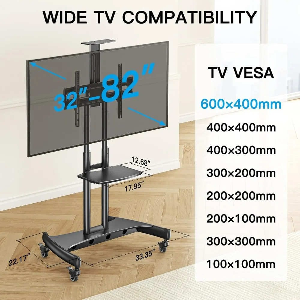 Perlesmith Adjustable TV Stand on Wheels for 32 to 82 Inch LCD LED 4K TVs, Tilt and Mobile Cart with Storage Shelf