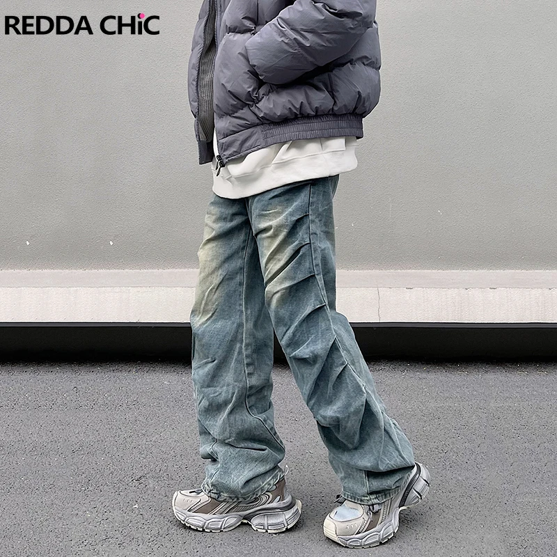 

REDDACHIC 90s Retro Pleated Baggy Jeans Men Blue Wash Straight Wide Leg Pants Loose Casual Hiphop Trousers Grunge Y2k Streetwear