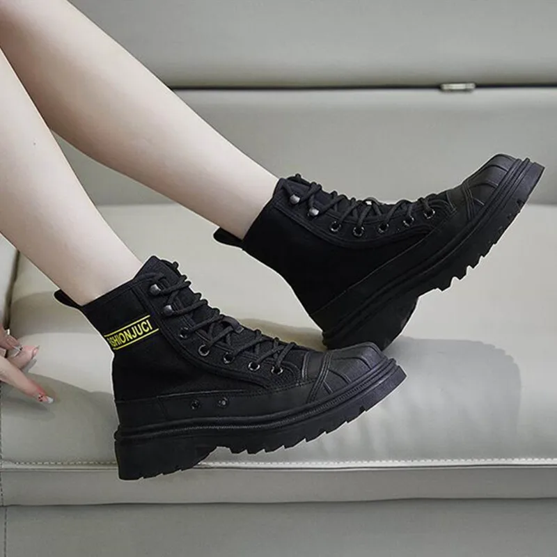 Thick Bottom ankle Boots Women's Boots 2023 Autumn winter New Lace up Elevated Casual Canvas Boots Mountaineering Boots