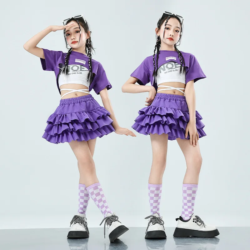 여자 귀여운 여름 streetwear 어린이 힙합 크롭 탑 보라색 계층화 된 스커..