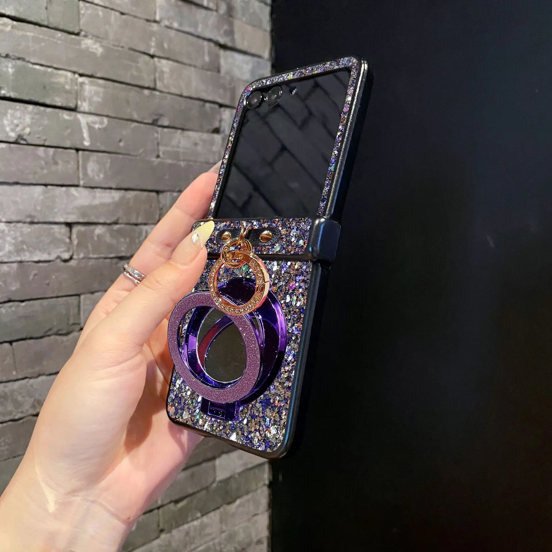 Korean Style Shiny Magnetic Mirror Phone Case with Faux Diamond Ring Buckle