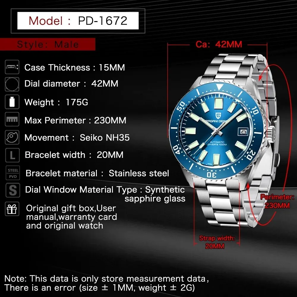 Mechanical Watch PAGANI DESIGN Men Watch Stainless Steel Automatic Mechanical Watch Sapphire Glass 100m Waterproof Reloj Hombre