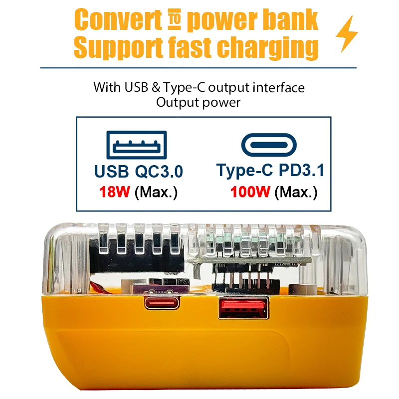 휴대용 디지털 디스플레이 어댑터 변환기 DeWalt 18V 리튬 배터리 충전기 전원 은행 USB Type-C 용 최대 140W 고속 충전기