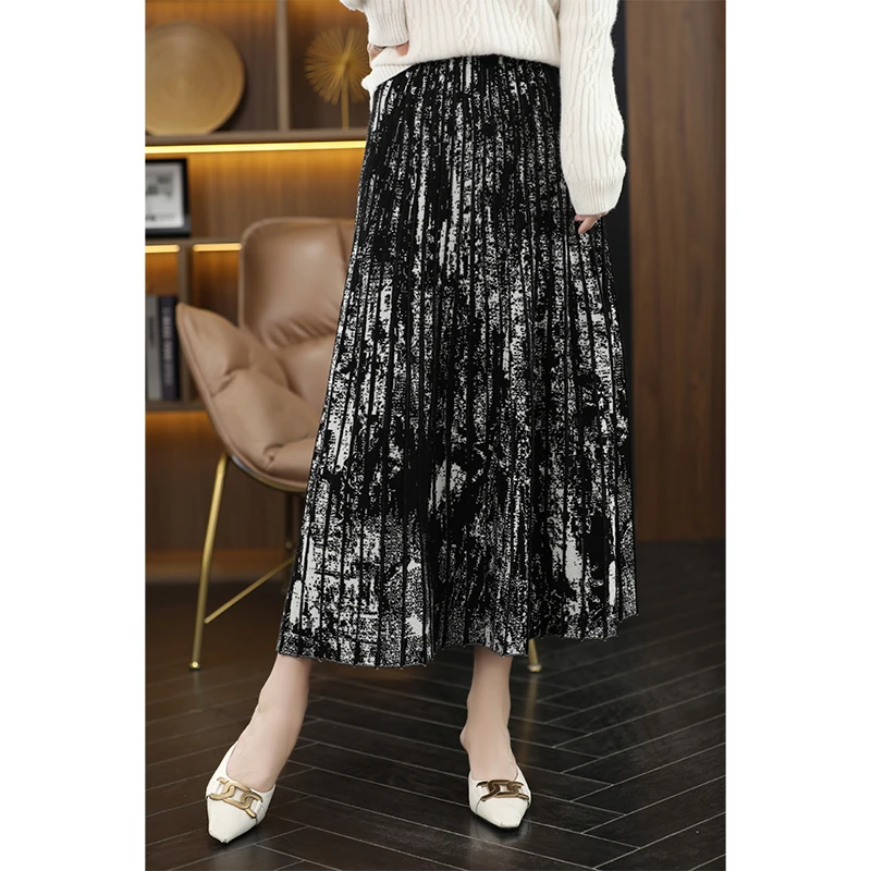 Temperament retro high waisted A-word cashmere skirt female long knitted wool umbrella skirt loose thin dress for all retro french houndstooth broad brimmed tie hair hoop female simple cloth temperament printing embossed headwear hair accessories