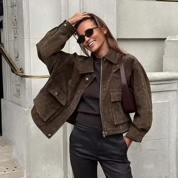 Veste bomber en similicuir pour femmes avec poches plaquées sur le devant, manches longues, fermeture éclair, manteau d'automne-hiver 2026, vêtement d'extérieur ample.