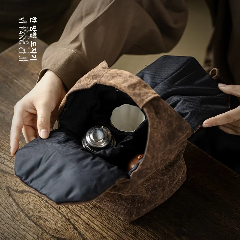 두꺼운 휴대용 차 세트 보관 가방 휴대용 차 주전자 컵 정리함 레트로 중국 스타일 식기 가방 야외용