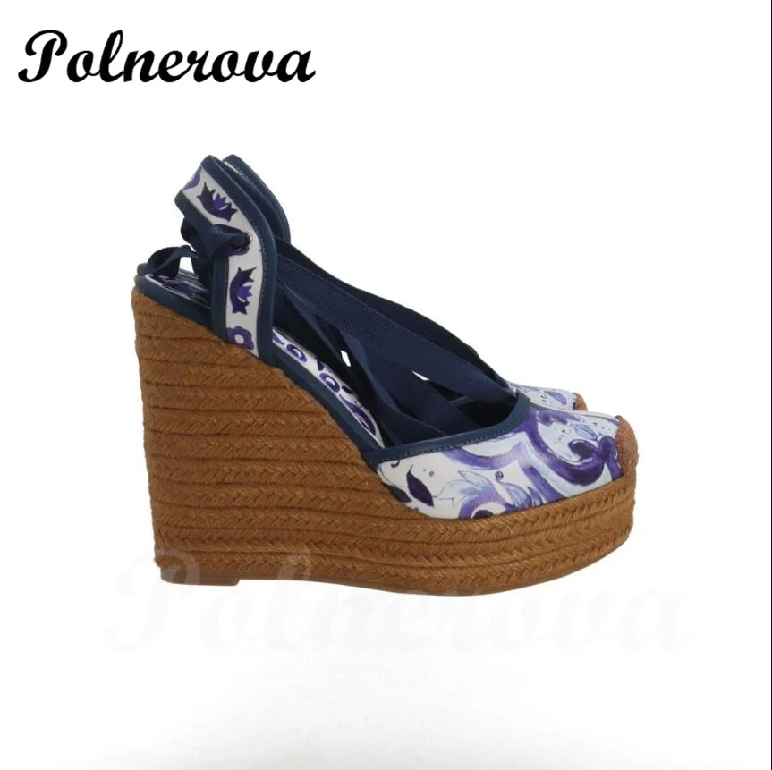 Blue White Flower Print Graffiti Espadrilles Wedge Sandals High Heels Platform Ankle Strap Wedge Sandals Round Toe Summer Shoes