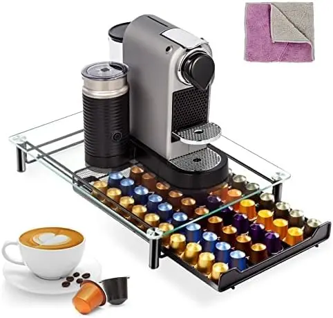 60  Pods Holder Drawer, Coffee Capsule Organizer for  with Glass Tray and Anti -slip Feet, Coffee Strorage Rack of Big Capacity