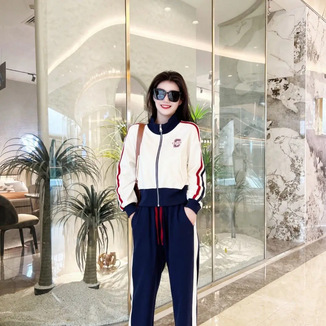 Leisure Fashion Sports Set Women's 2023 New Spring/Summer Korean Edition Spliced Top Slim Wide Leg Pants Two Piece Set