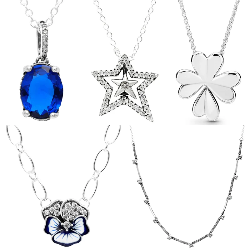 

New 925 Sterling Silver Blue Pansy Flower Sparkling Statement Halo Asymmetric Star Necklace For Popular Bead Charm DIY Jewelry