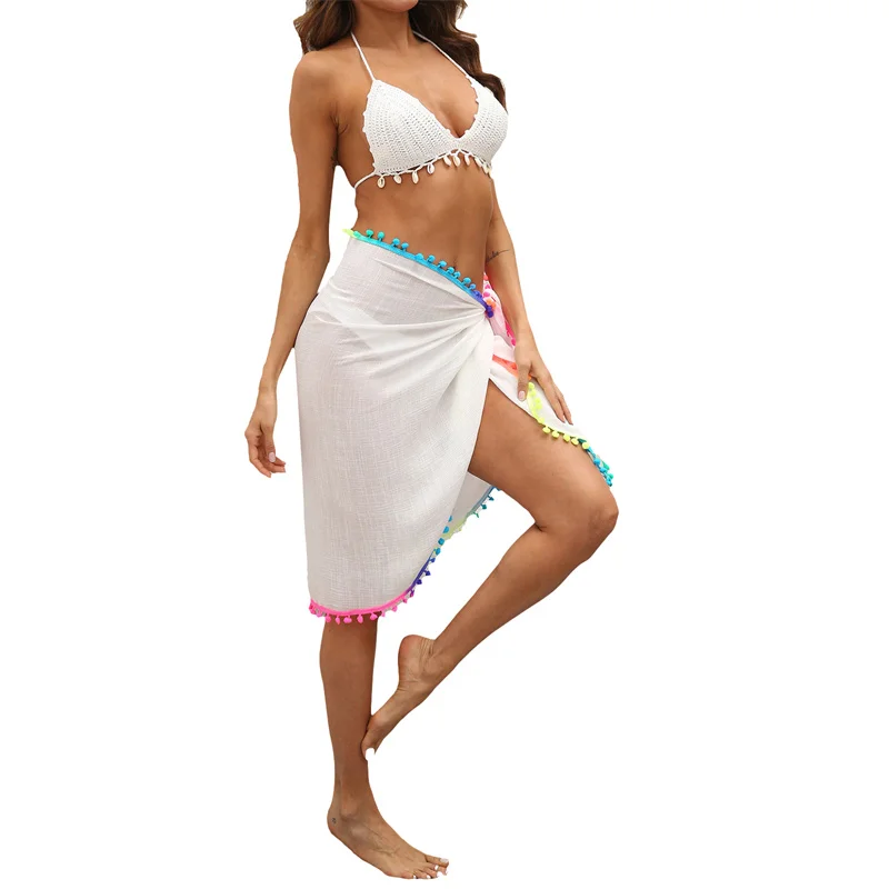 Lamuusaa Beach Skirts Sexy Women Sheer Mesh Swimsuit Wrap Skirt Bikini Cover Up with Colorful Pompom Tassel Skirt Sarongs 4