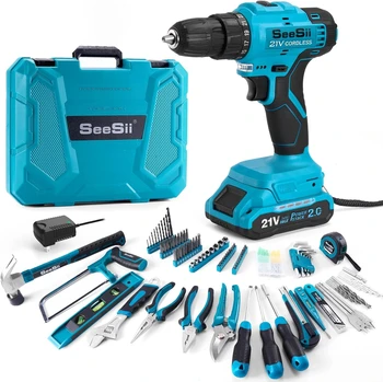 Seesii Tool Kit with Drill 25+1 Torque adjustment Cordless Electric Drill 230PCS Tool Kit for Home Repair Woodworking Gardening 1