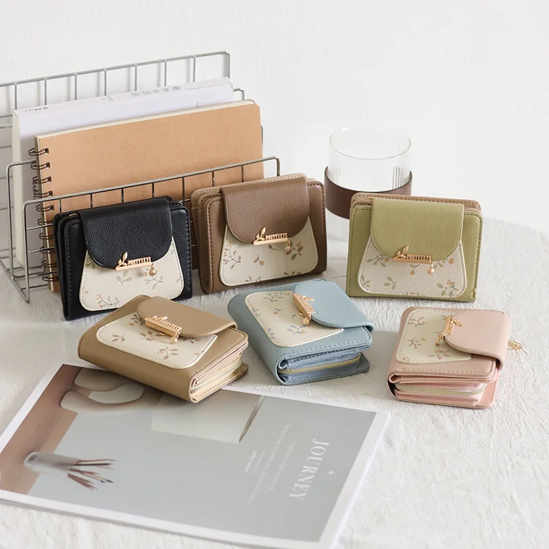 Students' New Short PU Leather Coin Card Wallet with Printed Buckle Foldable Zipper for Zero Money Storage