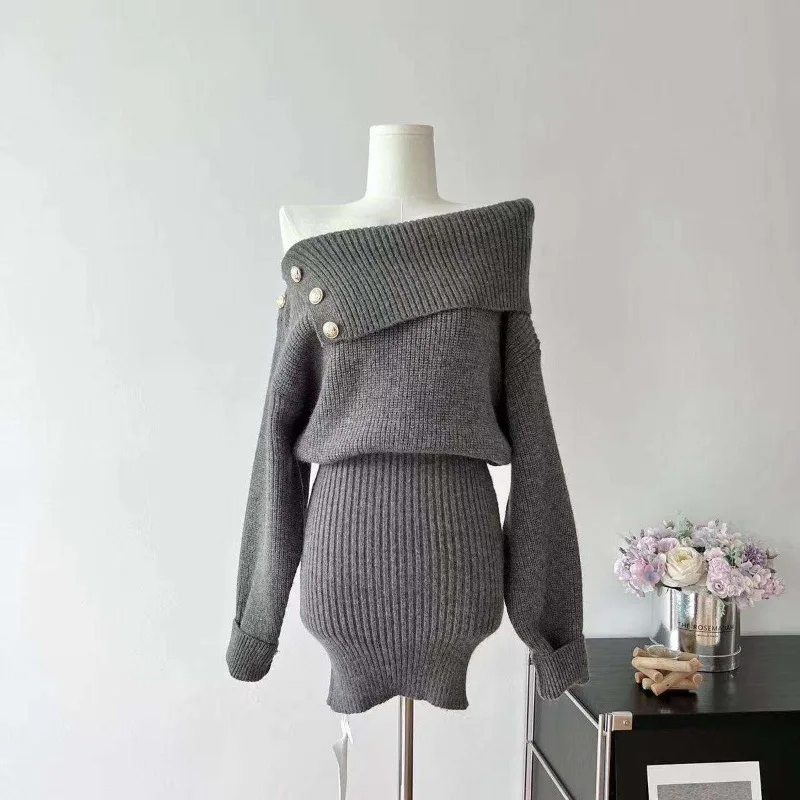 

Women's Solid Slash Neck Autumn Winter New Fashion Sexy Off Shoulder Long Sleeve Button Slim Short Skirt Sweater Knitted Dresses