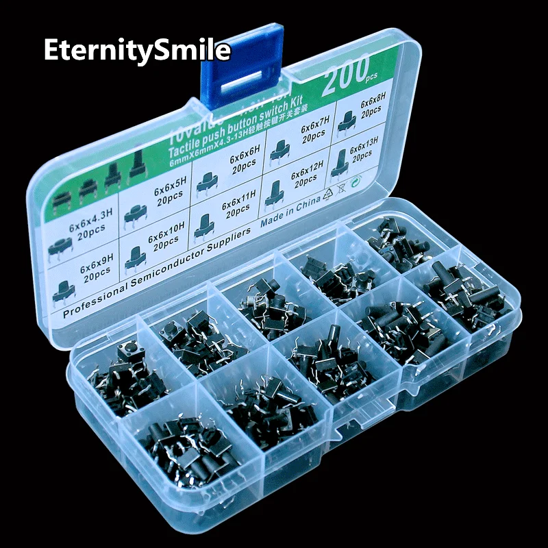Tactile Push Button Switch 200Pcs Touch 6 * 6 * 4.3/5/6/7/8/9/10/11/12/13 MM 4 Pin DIP Key Micro Switch Sets