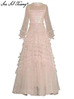 Seasixiang-فستان ماكسي شبكي نسائي ، برقبة دائرية ، كم فانوس ، تطريز ترتر ، كشكش ، فستان حفلة عتيق ، موضة خريف 1