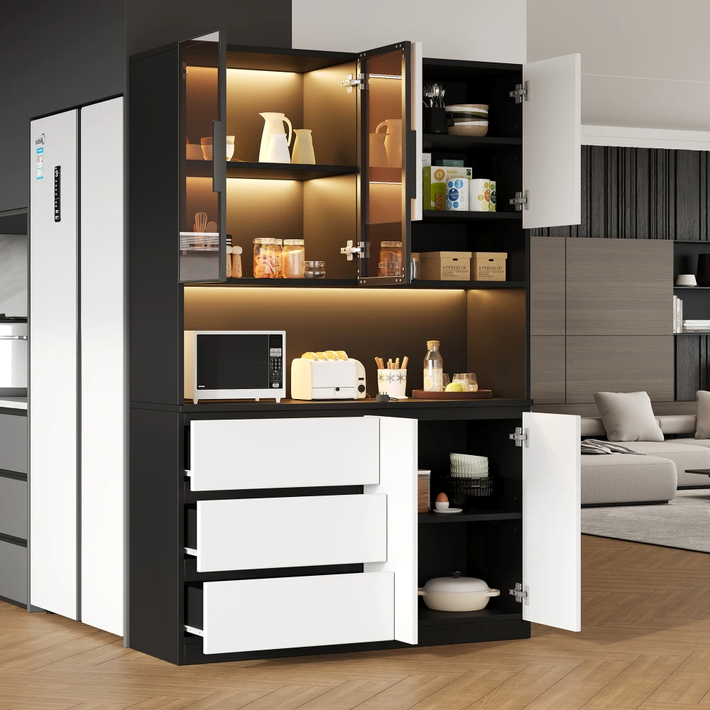 PINGGO LED Küchenbuffetschrank 6 Türen 3 Schubladen Mikrowellenbereich Glasregale B120,5xT40xH180cm – Detail 11